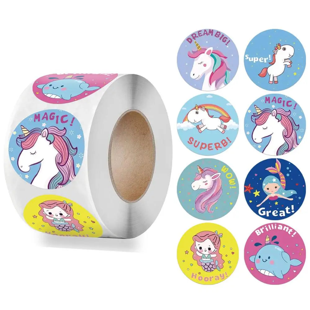 Reward Sticker For Kids Mermaid Unicorn Animal Cute Pattern 500pcs/roll 1 Inch 8 Designs School Teacher Supplies Child Sticker (ONLINE ORDER ONLY)