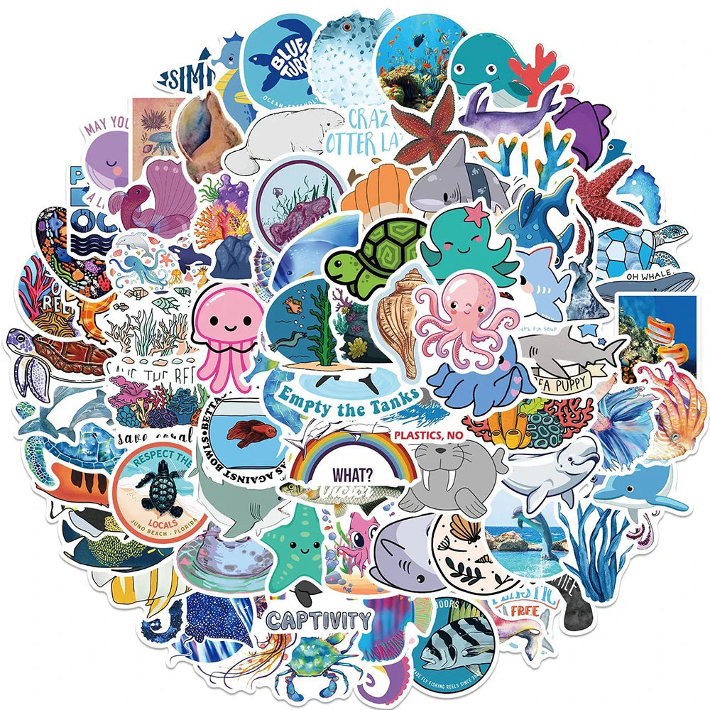 Marine Life Cartoon Stickers for Laptop, Luggage, Car, Wall, Kids - 10/30/50/100PCS (ONLINE ORDER ONLY)