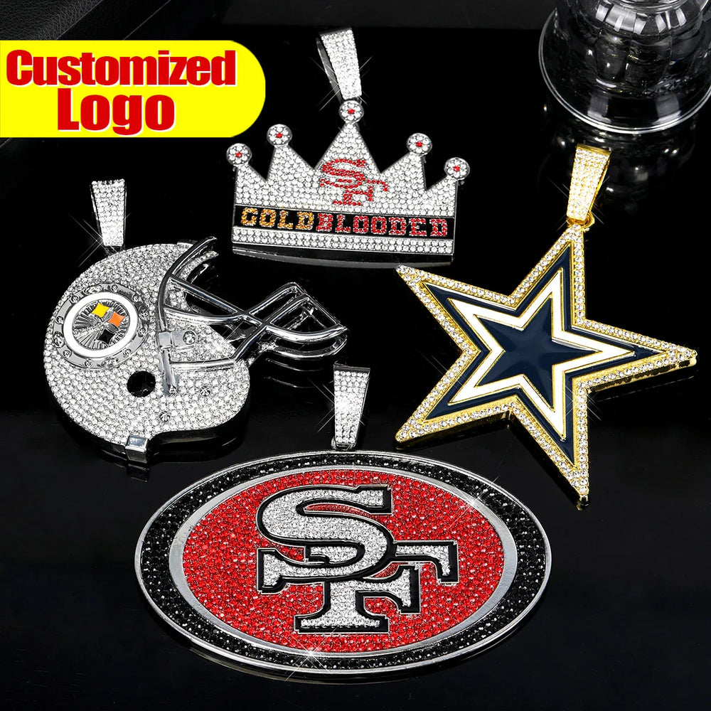 Sports Customized LOGO Pendant Necklace with Iced Out Cuban Chains for Football Fans Birthday Gifts (ONLINE ORDER ONLY)