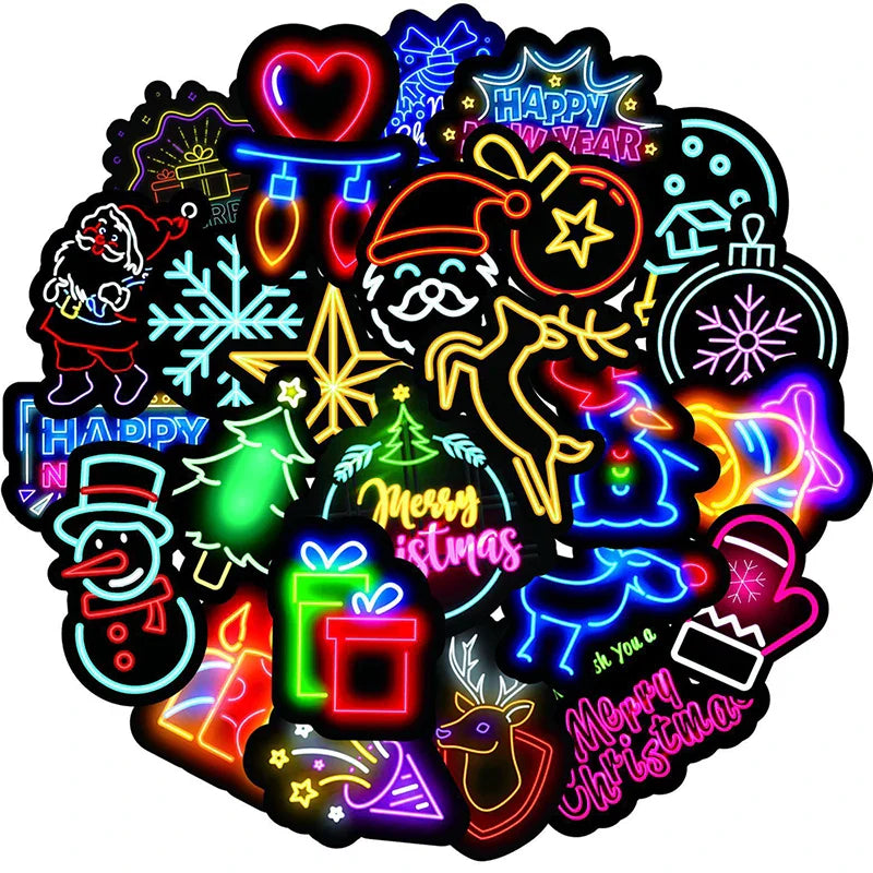 Neon Christmas Stickers 10/30/50PCS Waterproof Laptop Guitar Luggage Fridge Skateboard Decals Kid Toys (Online Order Only)
