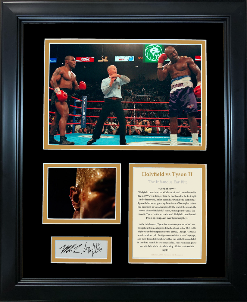 Framed Evander Holyfield vs Mike Tyson 2 Infamous Ear Bite Facsimile Laser Engraved Signature Auto Boxing 11"x14" Photo Sig Collage (ONLINE ORDER ONLY)