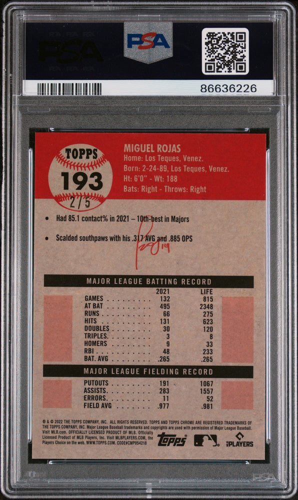 2022 TOPPS CHROME PLATINUM MIGUEL ROJAS RED REFRACTOR #193 - PSA 10 (Online Order Only)