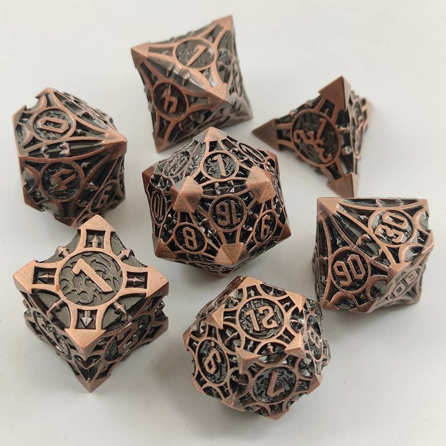 Copper Barbed Strengthened Metal 7-Dice Set | Solid Metal DND Dice (Online Only)