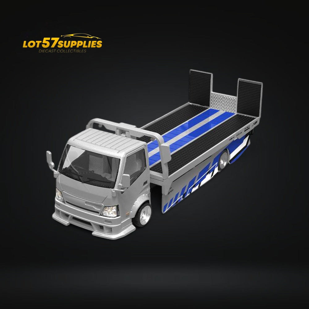 TimeMicro Hino 300 Flatbed Transport Trailer FNF Silver Blue Livery 1:64 (ONLINE ORDER ONLY)