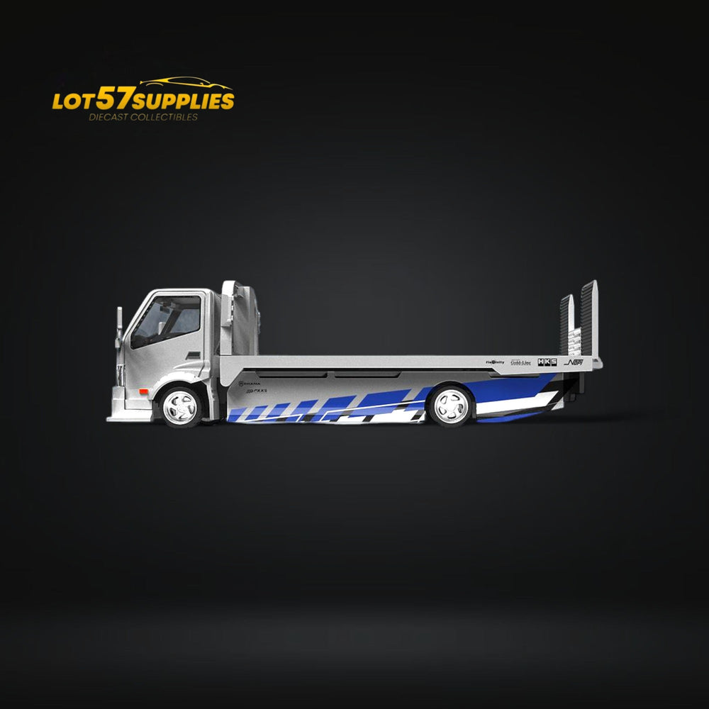 TimeMicro Hino 300 Flatbed Transport Trailer FNF Silver Blue Livery 1:64 (ONLINE ORDER ONLY)