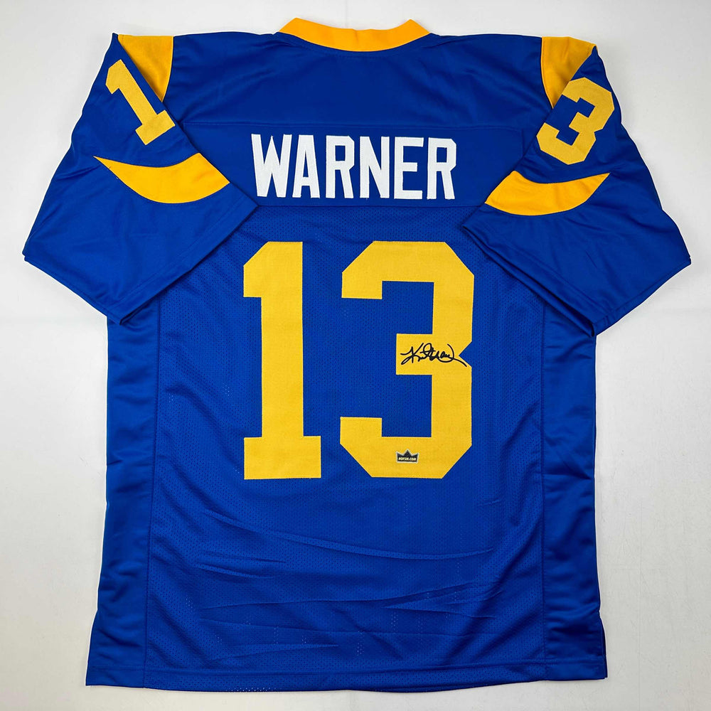 Facsimile Autographed Kurt Warner St. Louis Royal Blue Retro Reprint Laser Auto Football Jersey Size Men's XL (ONLINE ORDER ONLY)