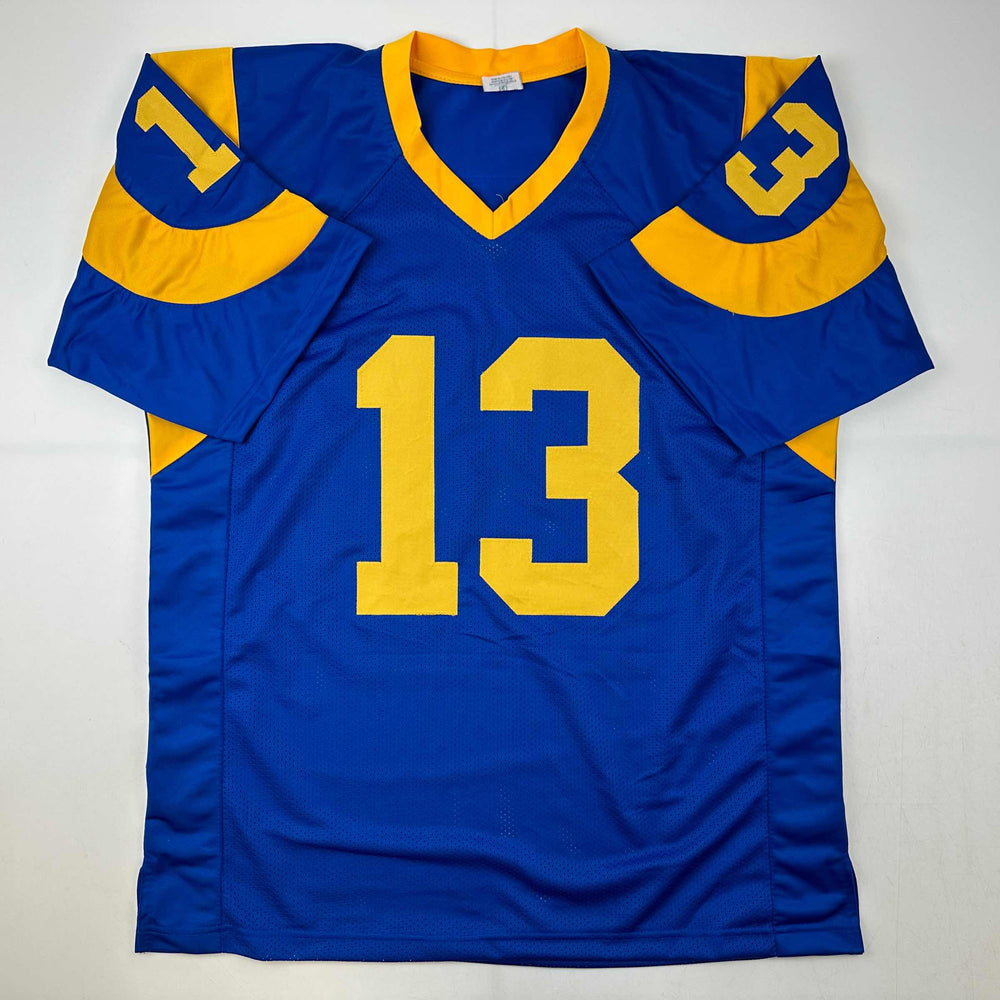 Facsimile Autographed Kurt Warner St. Louis Royal Blue Retro Reprint Laser Auto Football Jersey Size Men's XL (ONLINE ORDER ONLY)