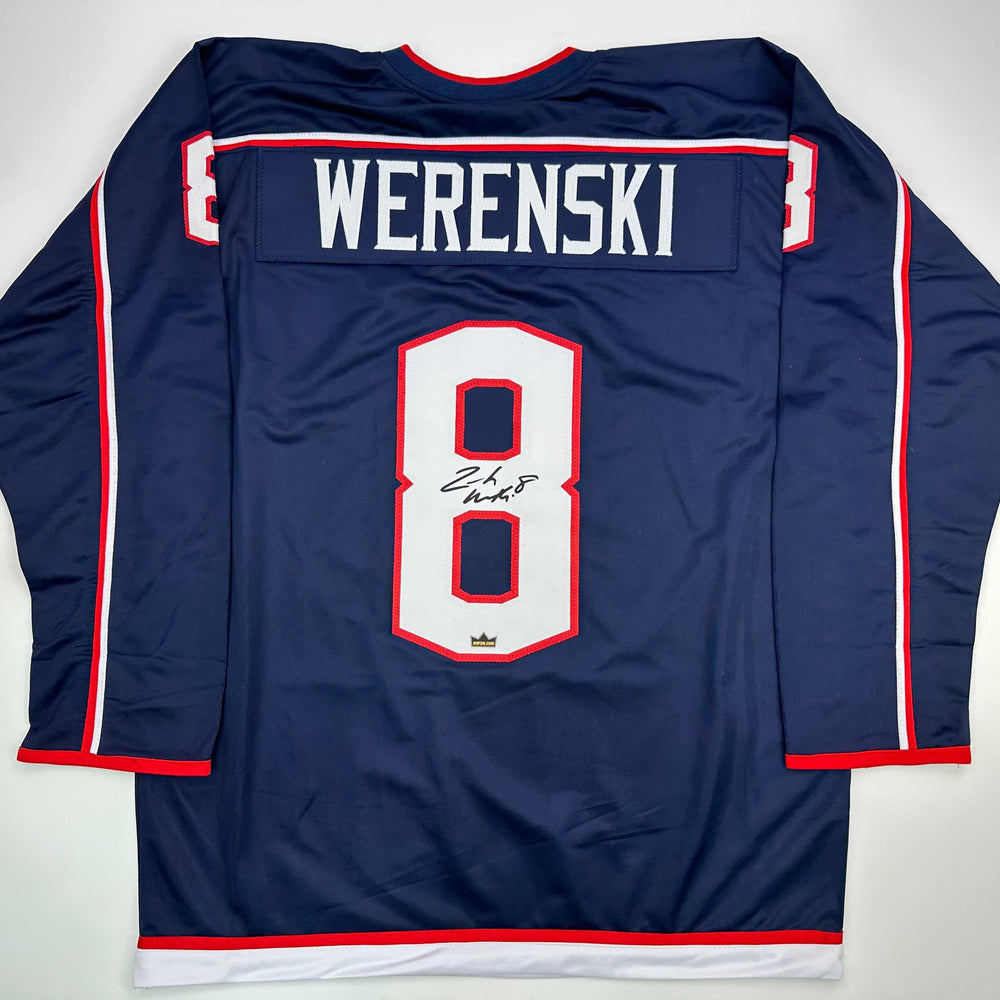 Facsimile Autographed Zach Werenski Columbus Blue Reprint Laser Auto Hockey Jersey Size Men's XL (ONLINE ORDER ONLY)