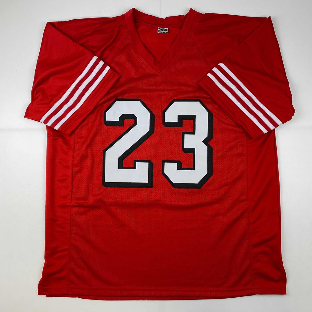 Facsimile Autographed Christian McCaffrey San Francisco Red Alternate Reprint Laser Auto Football Jersey Size Men's XL (ONLINE ORDER ONLY)