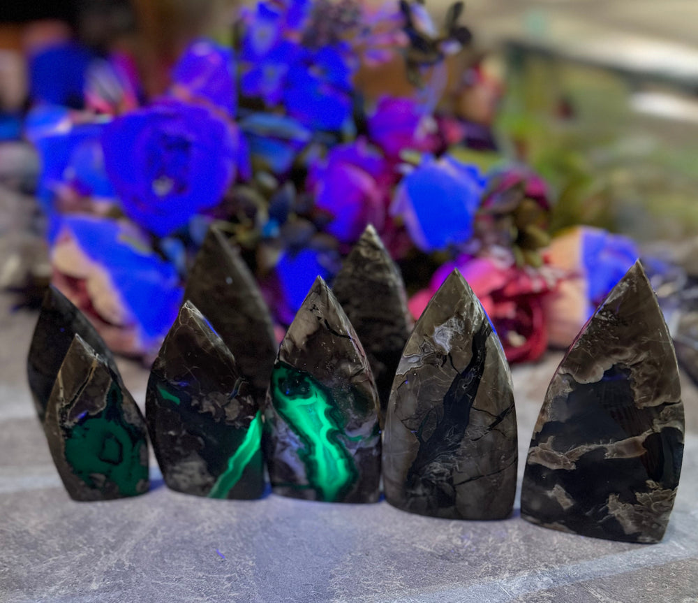 Volcano Agate Teardrop Freeform, UV Fluorescent Green Crystals (ONLINE ORDER ONLY)