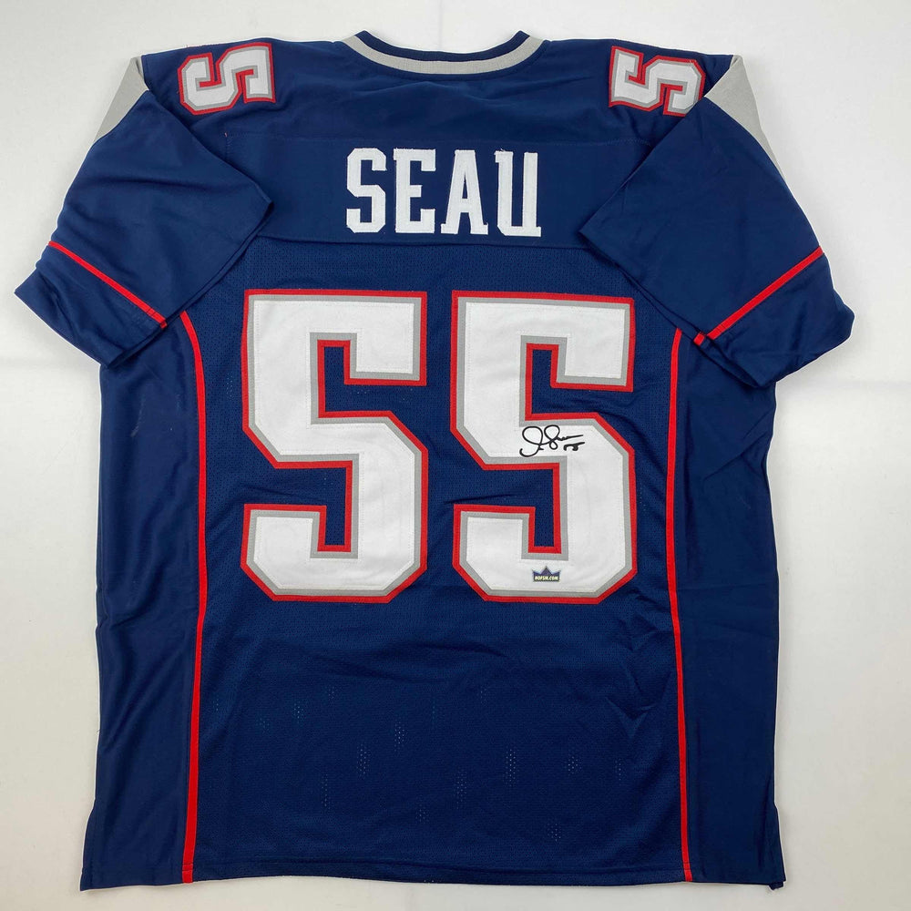 Facsimile Autographed Junior Seau New England Blue Reprint Laser Auto Football Jersey Size Men's XL (ONLINE ORDER ONLY)