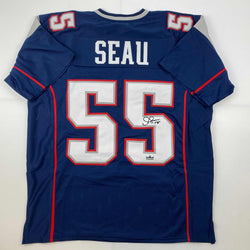 Facsimile Autographed Junior Seau New England Blue Reprint Laser Auto Football Jersey Size Men's XL (ONLINE ORDER ONLY)