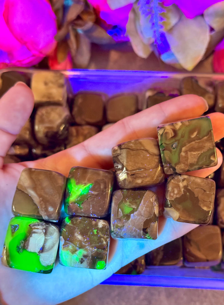 Cheap Volcano Agate Tumbled Cubes, UV Green Fluorescent Minerals (ONLINE ORDER ONLY)