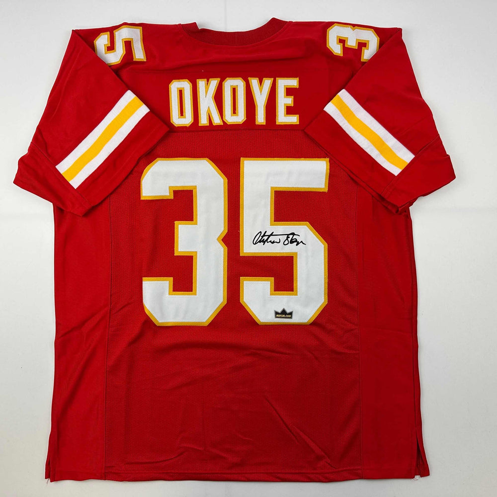 Facsimile Autographed Christian Okoye Kansas City Red Reprint Laser Auto Football Jersey Size Men's XL (ONLINE ORDER ONLY)