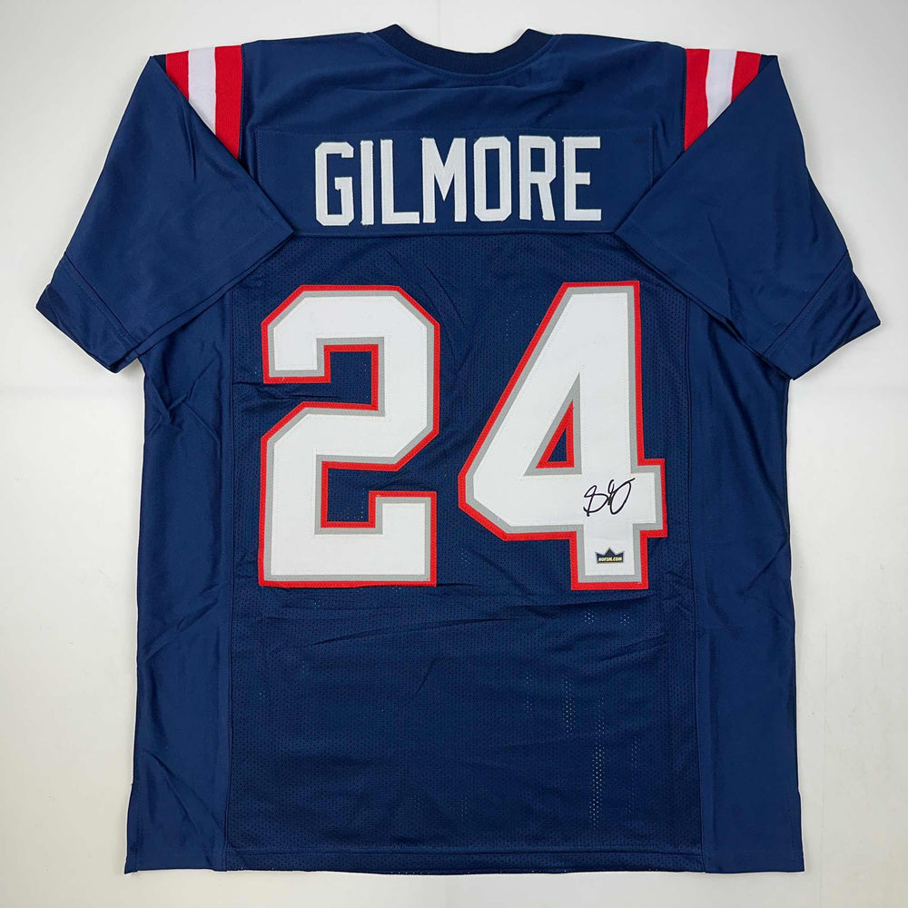 Facsimile Autographed Stephon Gilmore New England Blue Reprint Laser Auto Football Jersey Size Men's XL (ONLINE ORDER ONLY)