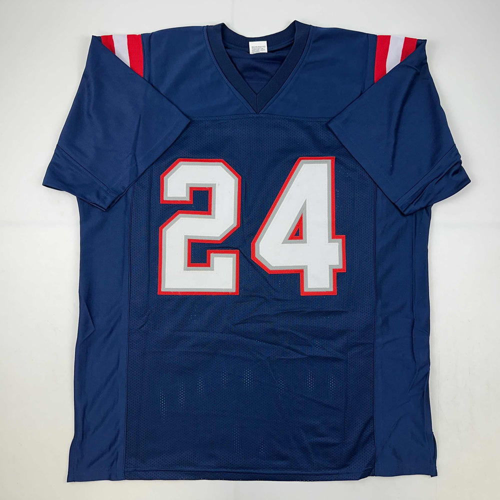 Facsimile Autographed Stephon Gilmore New England Blue Reprint Laser Auto Football Jersey Size Men's XL (ONLINE ORDER ONLY)