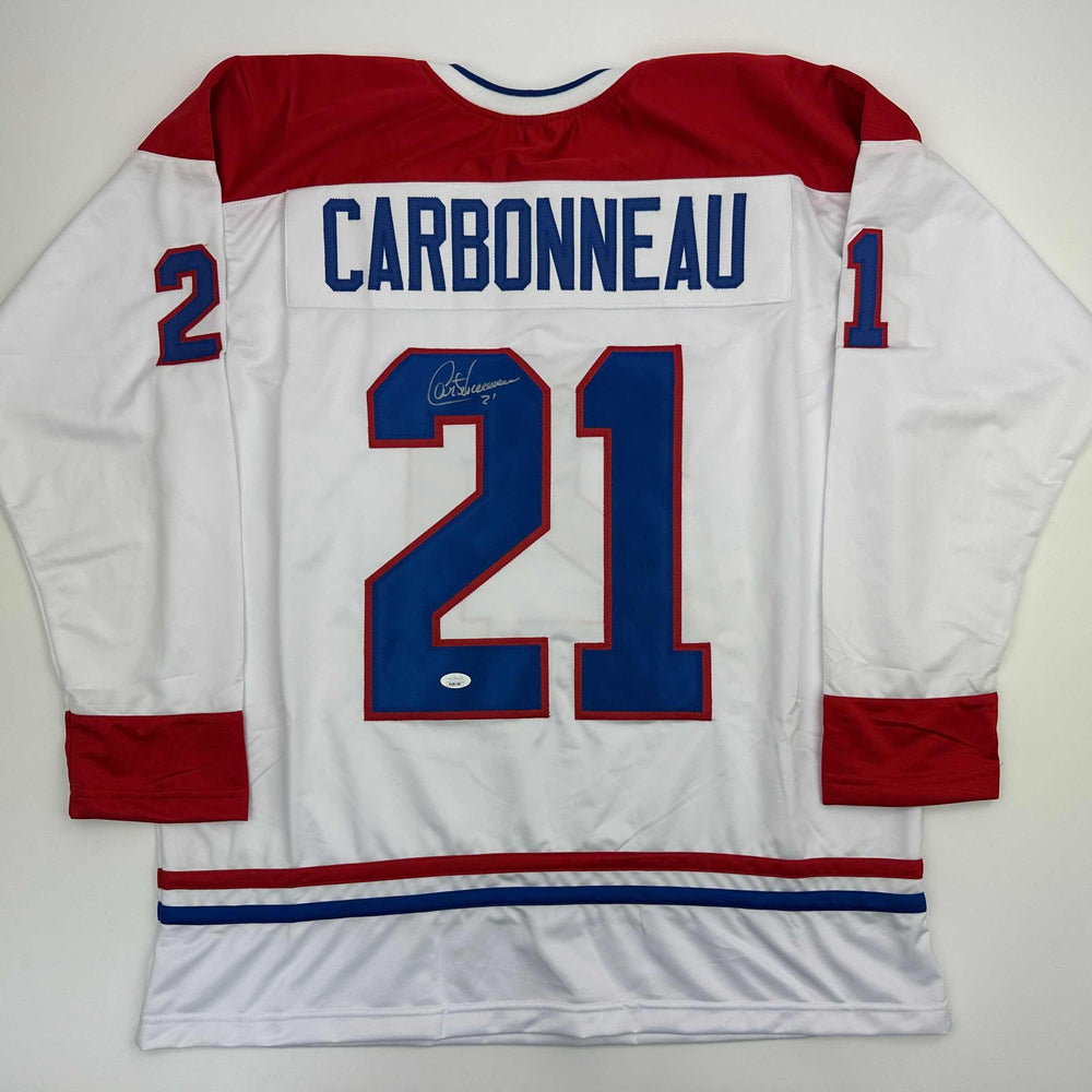 Autographed/Signed Guy Carbonneau Montreal White Hockey Jersey JSA COA (ONLINE ORDER ONLY)