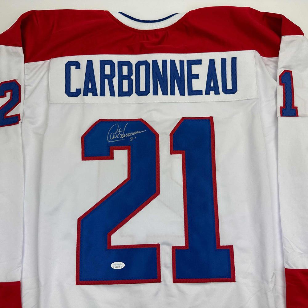 Autographed/Signed Guy Carbonneau Montreal White Hockey Jersey JSA COA (ONLINE ORDER ONLY)
