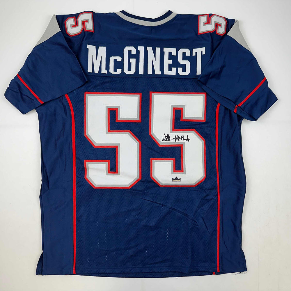 Facsimile Autographed Willie McGinest New England Blue Reprint Laser Auto Football Jersey Size Men's XL (ONLINE ORDER ONLY)