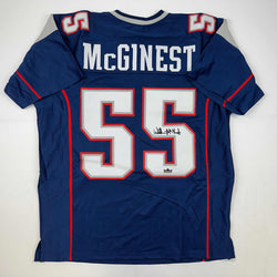 Facsimile Autographed Willie McGinest New England Blue Reprint Laser Auto Football Jersey Size Men's XL (ONLINE ORDER ONLY)