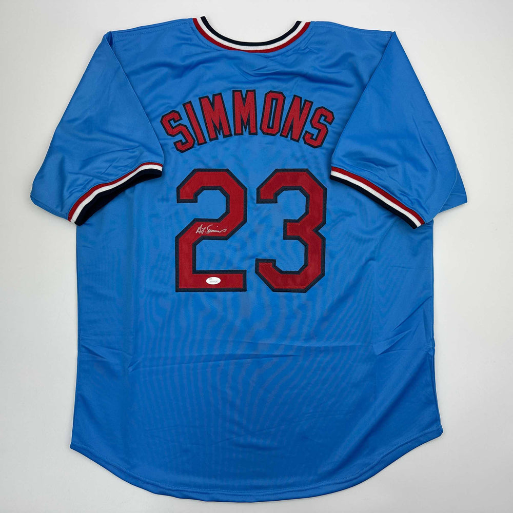 Autographed/Signed Ted Simmons St. Louis Blue Baseball Jersey JSA COA (ONLINE ORDER ONLY)