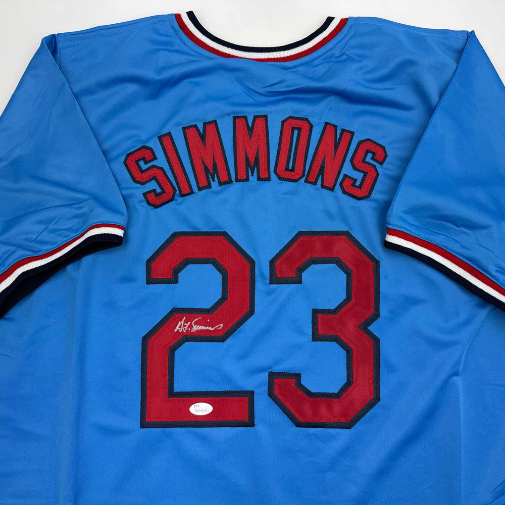 Autographed/Signed Ted Simmons St. Louis Blue Baseball Jersey JSA COA (ONLINE ORDER ONLY)