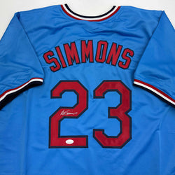 Autographed/Signed Ted Simmons St. Louis Blue Baseball Jersey JSA COA (ONLINE ORDER ONLY)