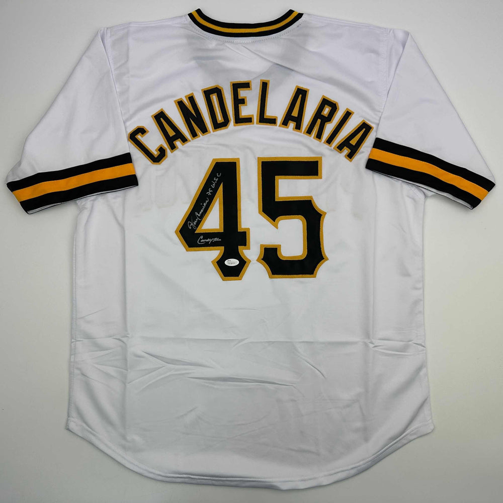 Autographed/Signed John Candelaria Pittsburgh White Baseball Jersey JSA COA (ONLINE ORDER ONLY)