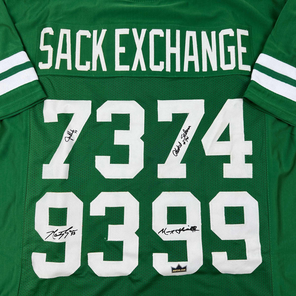 Framed Facsimile Autographed Sack Exchange 35x39 New York Green Reprint Laser Auto Football Jersey (ONLINE ORDER ONLY)