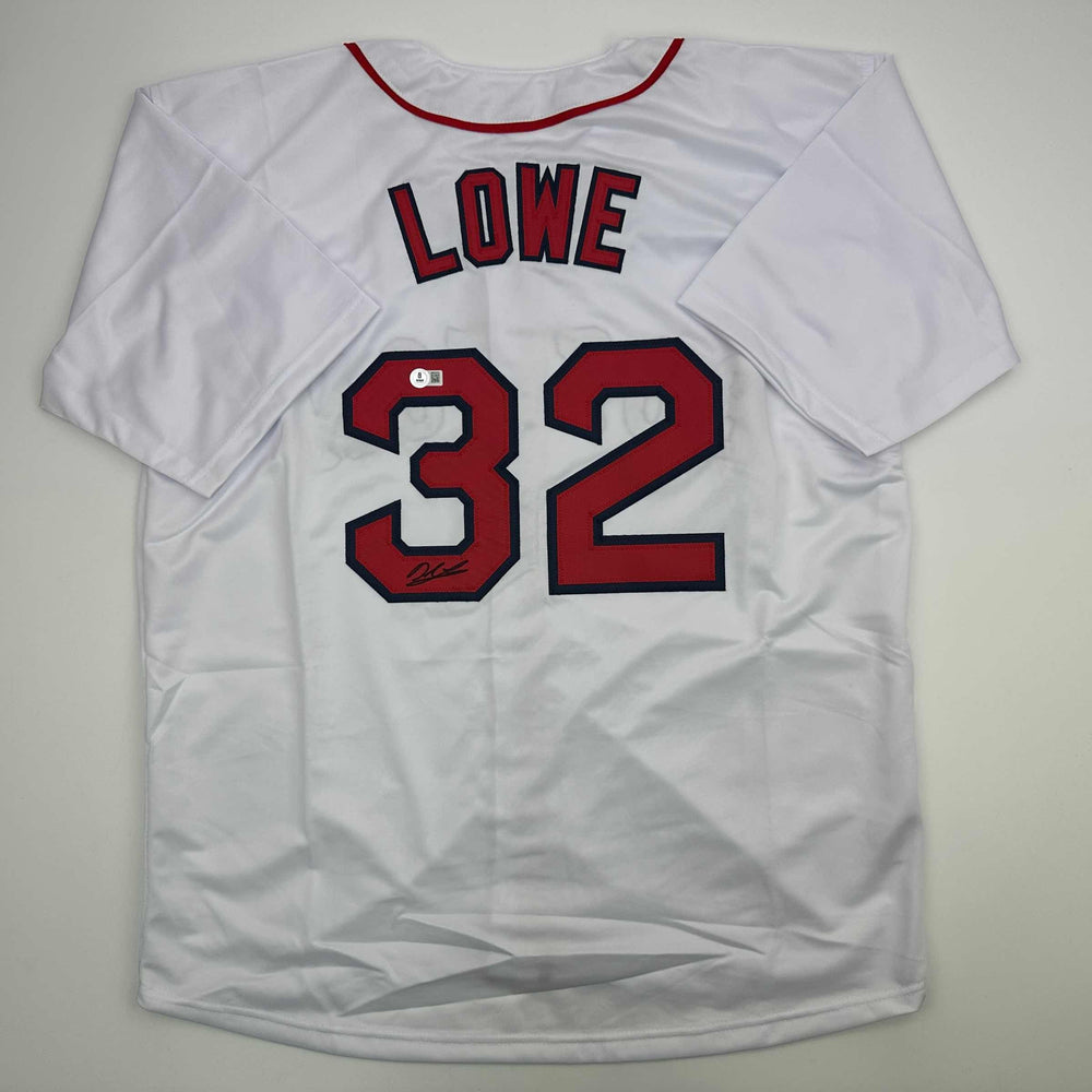 Autographed/Signed Derek Lowe Boston White Baseball Jersey Beckett BAS COA (ONLINE ORDER ONLY)