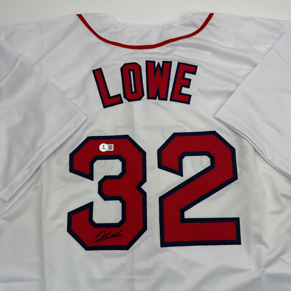 Autographed/Signed Derek Lowe Boston White Baseball Jersey Beckett BAS COA (ONLINE ORDER ONLY)