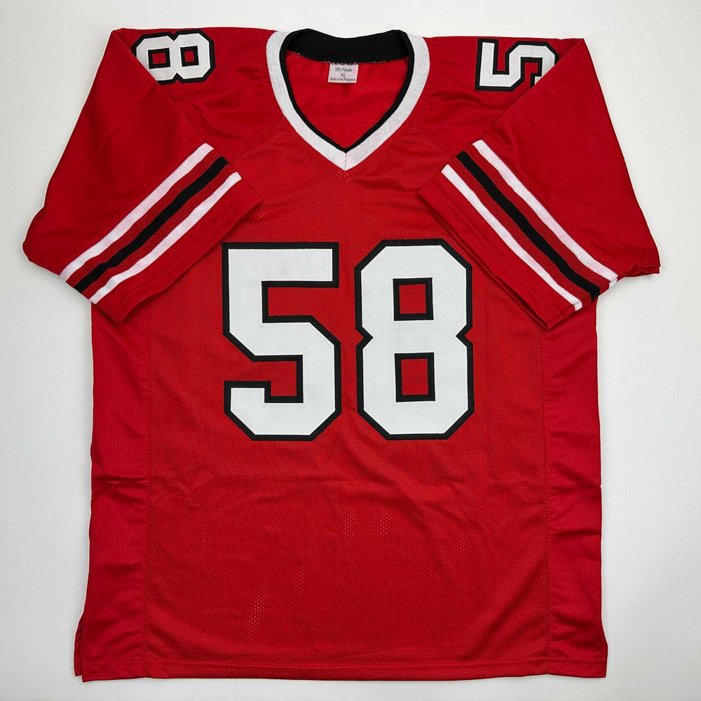 Autographed/Signed Jessie Tuggle Atlanta Red Football Jersey JSA COA (ONLINE ORDER ONLY)