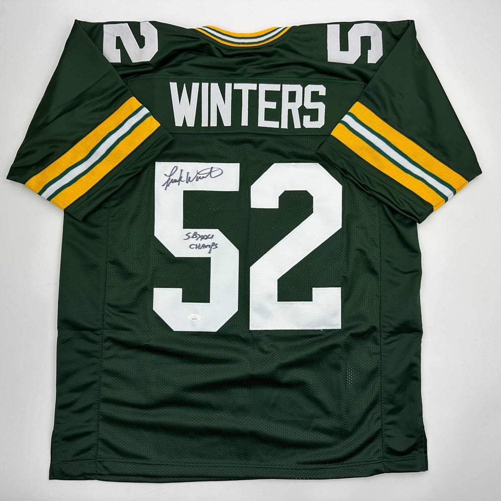 Autographed/Signed Frank Winters SB XXXI Champs Green Bay Green Football Jersey JSA COA (ONLINE ORDER ONLY)