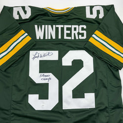 Autographed/Signed Frank Winters SB XXXI Champs Green Bay Green Football Jersey JSA COA (ONLINE ORDER ONLY)