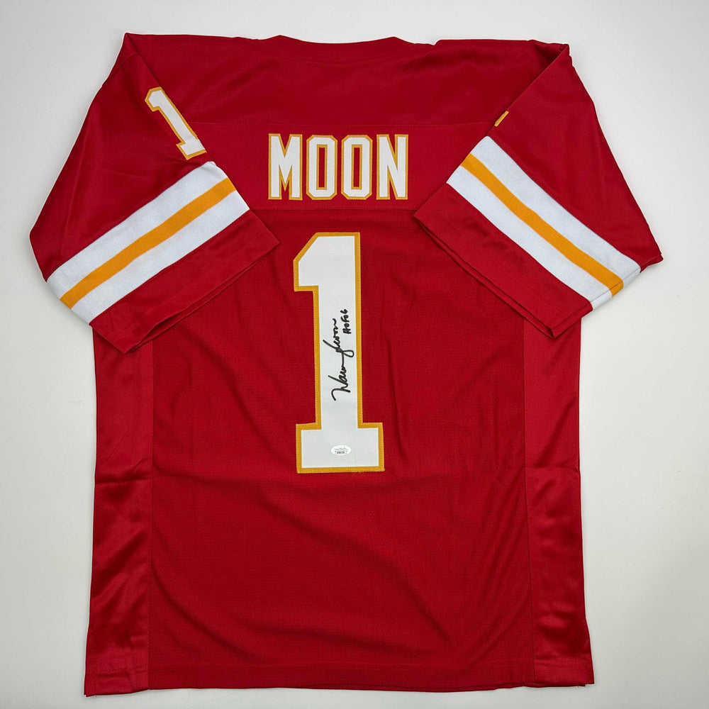 Autographed/Signed Warren Moon HOF 06 Kansas City Red Football Jersey JSA COA (ONLINE ORDER ONLY)