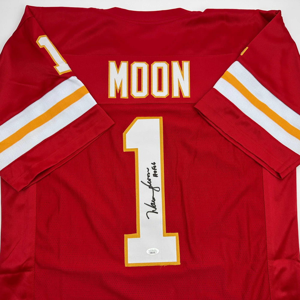 Autographed/Signed Warren Moon HOF 06 Kansas City Red Football Jersey JSA COA (ONLINE ORDER ONLY)