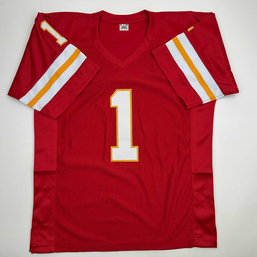 Autographed/Signed Warren Moon HOF 06 Kansas City Red Football Jersey JSA COA (ONLINE ORDER ONLY)