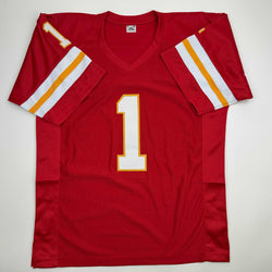Autographed/Signed Warren Moon HOF 06 Kansas City Red Football Jersey JSA COA (ONLINE ORDER ONLY)