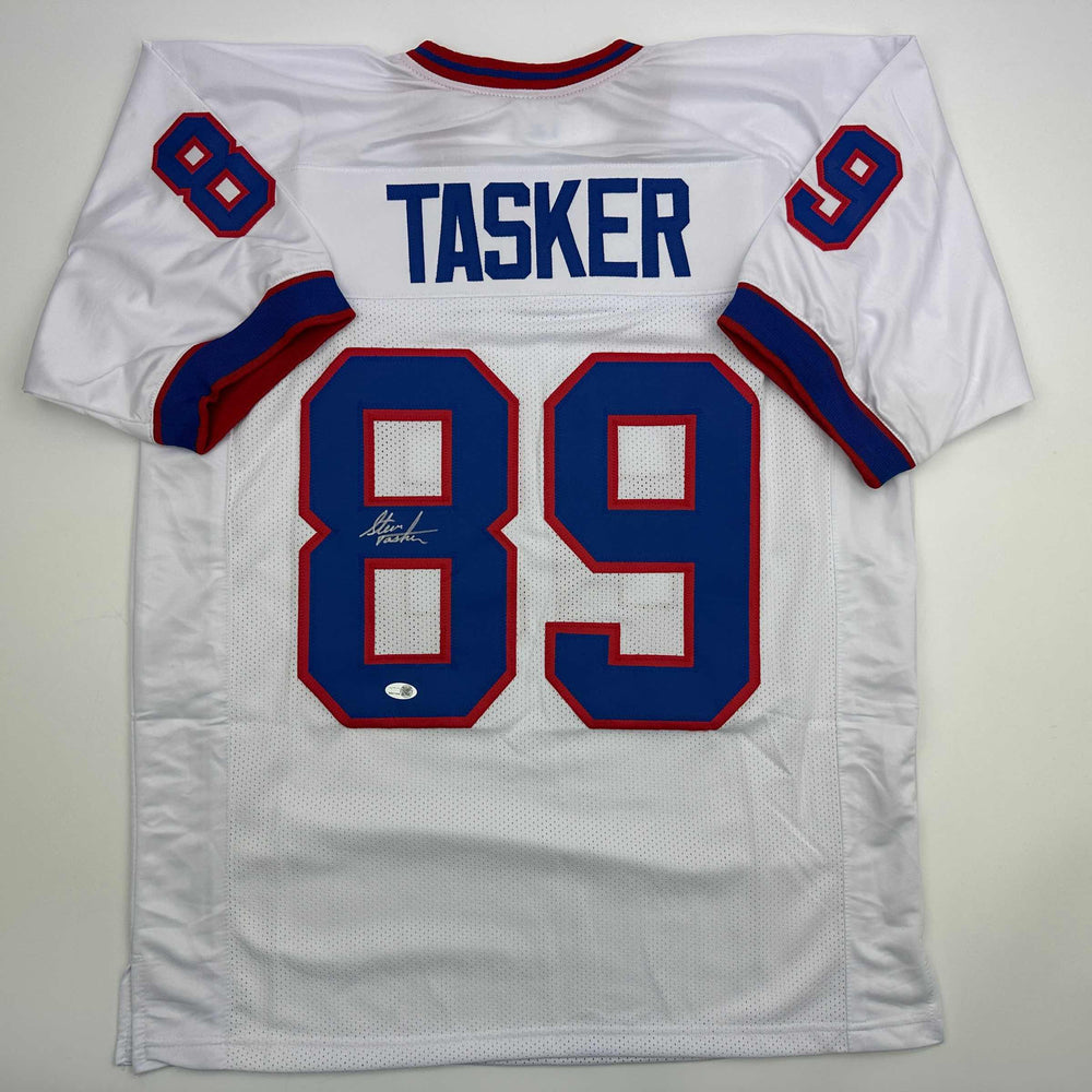 Autographed/Signed Steve Tasker Buffalo White Football Jersey JSA COA (ONLINE ORDER ONLY)