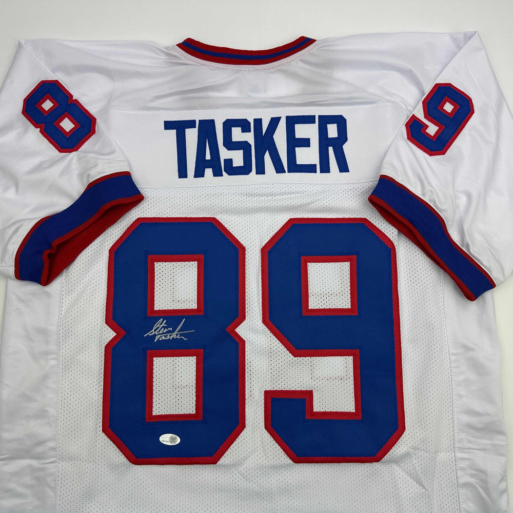 Autographed/Signed Steve Tasker Buffalo White Football Jersey JSA COA (ONLINE ORDER ONLY)