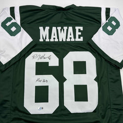 Autographed/Signed Kevin Mawae HOF 2019 New York Green Football Jersey Beckett BAS COA (ONLINE ORDER ONLY)
