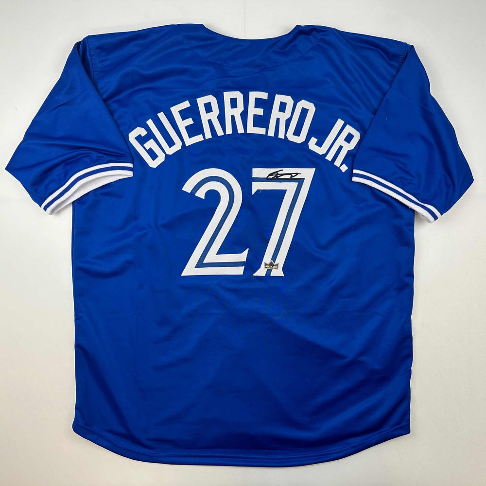 Facsimile Autographed Vladimir Vlad Guerrero Jr. Toronto Blue Reprint Laser Auto Baseball Jersey Size Men's XL (ONLINE ORDER ONLY)