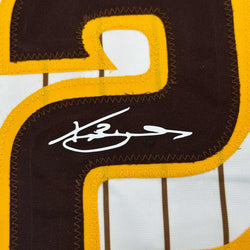 Framed Facsimile Autographed Xander Bogaerts 35x39 San Diego Pinstripe Reprint Laser Auto Baseball Jersey (ONLINE ORDER ONLY)