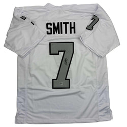 Autographed/Signed Geno Smith Oakland White Color Rush Football Jersey Beckett BAS COA (ONLINE ORDER ONLY)