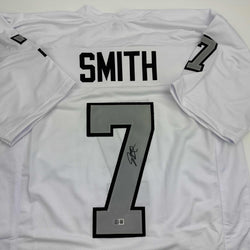 Autographed/Signed Geno Smith Oakland White Color Rush Football Jersey Beckett BAS COA (ONLINE ORDER ONLY)