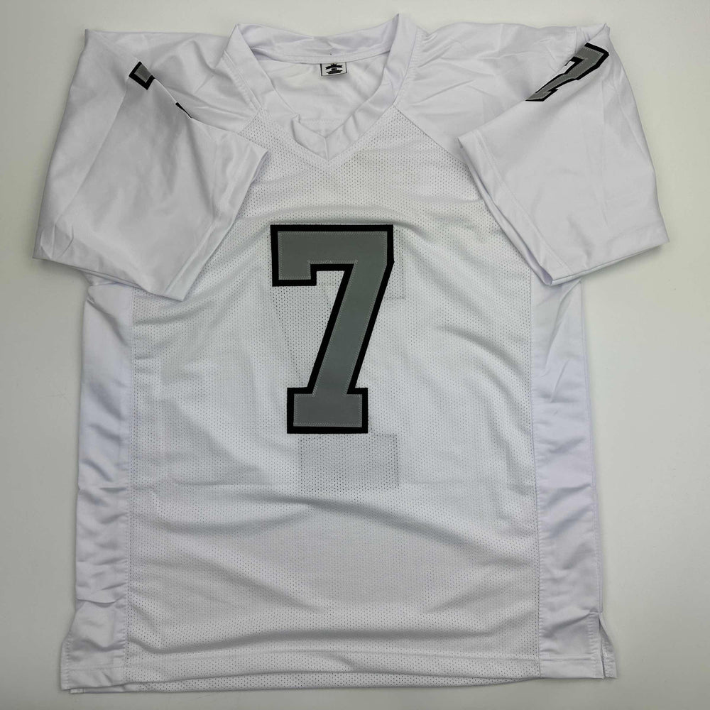Autographed/Signed Geno Smith Oakland White Color Rush Football Jersey Beckett BAS COA (ONLINE ORDER ONLY)