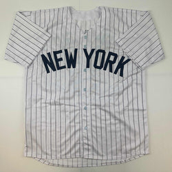 Facsimile Autographed Joe DiMaggio New York Pinstripe Reprint Laser Auto Baseball Jersey Size Men's XL (ONLINE ORDER ONLY)