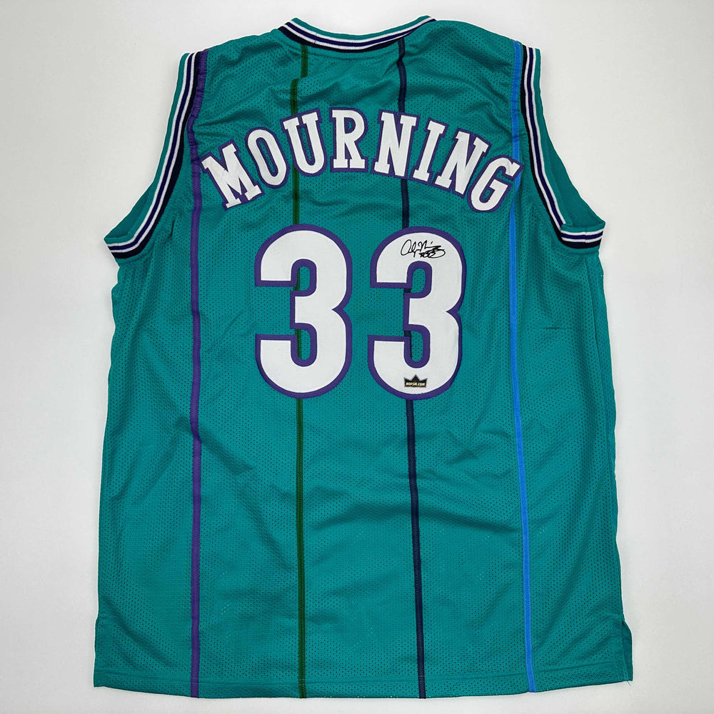 Facsimile Autographed Alonzo Mourning Charlotte Teal Reprint Laser Auto Basketball Jersey Size Men's XL (ONLINE ORDER ONLY)