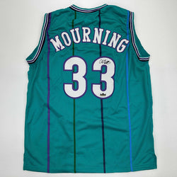 Facsimile Autographed Alonzo Mourning Charlotte Teal Reprint Laser Auto Basketball Jersey Size Men's XL (ONLINE ORDER ONLY)