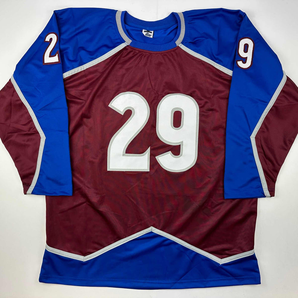 Facsimile Autographed Nathan MacKinnon Colorado Maroon Reprint Laser Auto Hockey Jersey Size Men's XL (ONLINE ORDER ONLY)